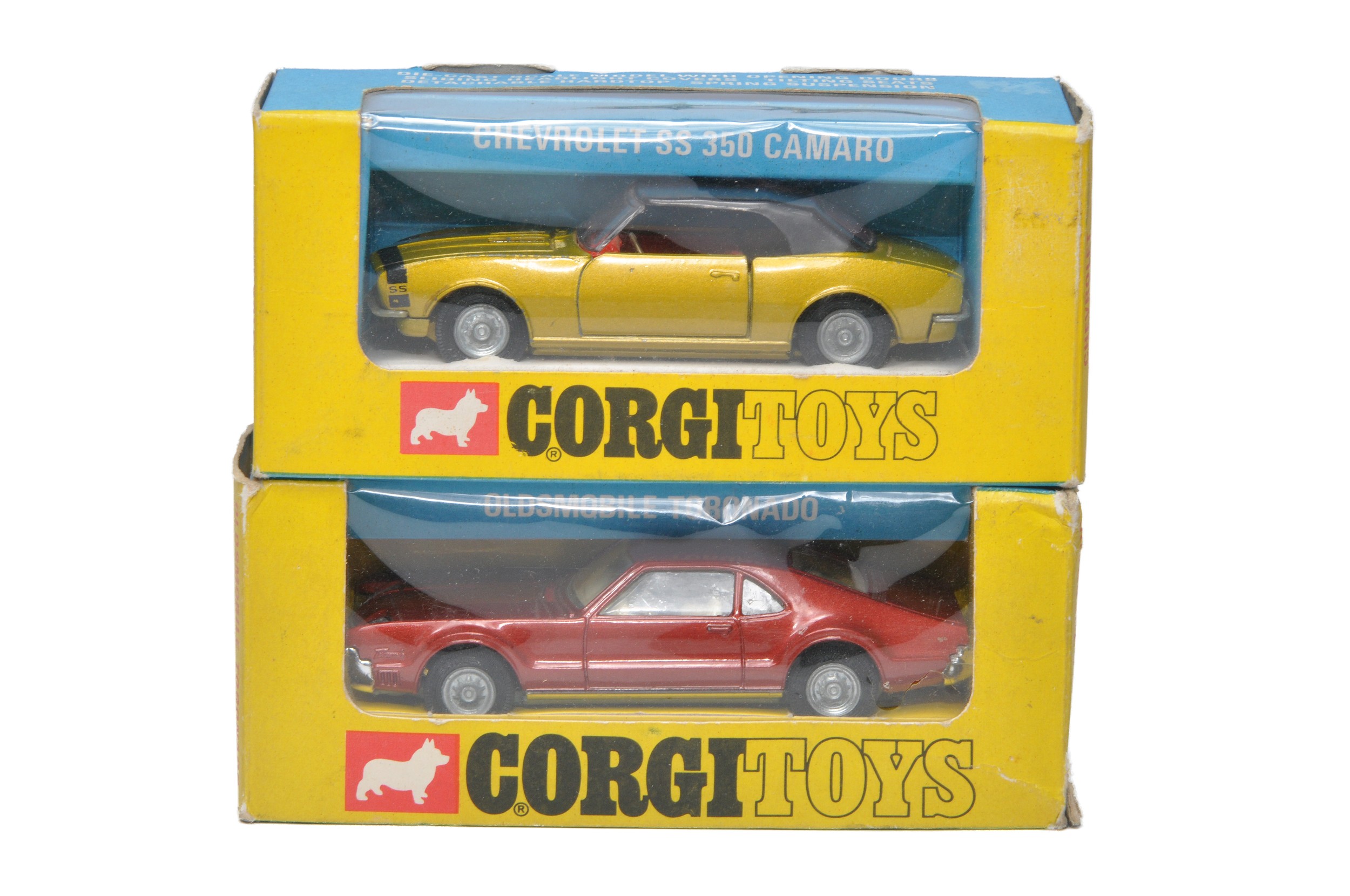 Corgi Golden Jacks duo comprising no. 338 Chevrolet Camaro and No. 276 Oldsmobile Toronado. Good