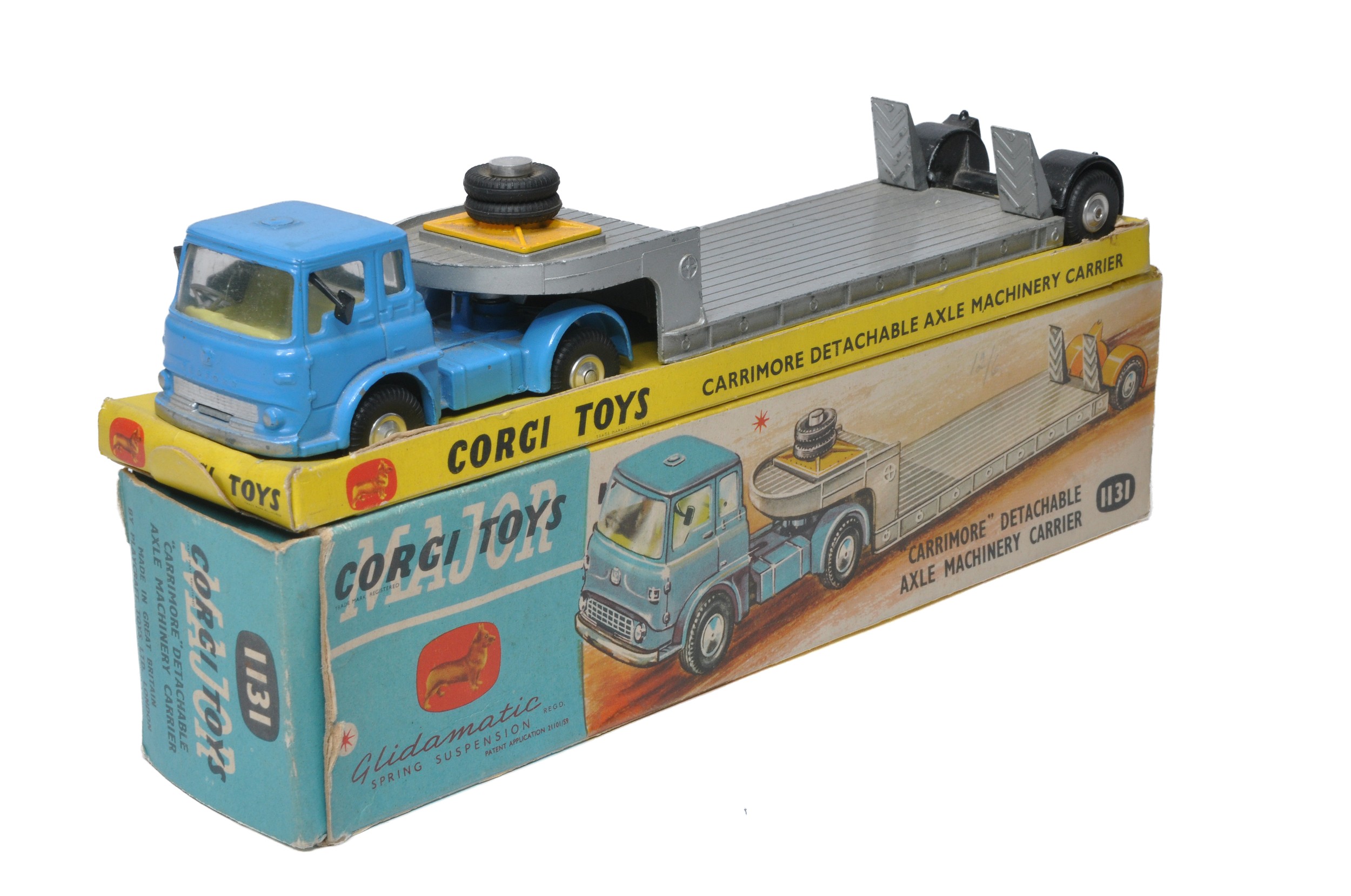 Corgi No. 1131 Carrimore Machinery Carrier. Blue Cab / Silver back with lemon interior. Spun hubs.