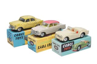 Corgi trio including No. 301 Triumph, No. 234 Ford Consul and Standard Vanguard. Models display