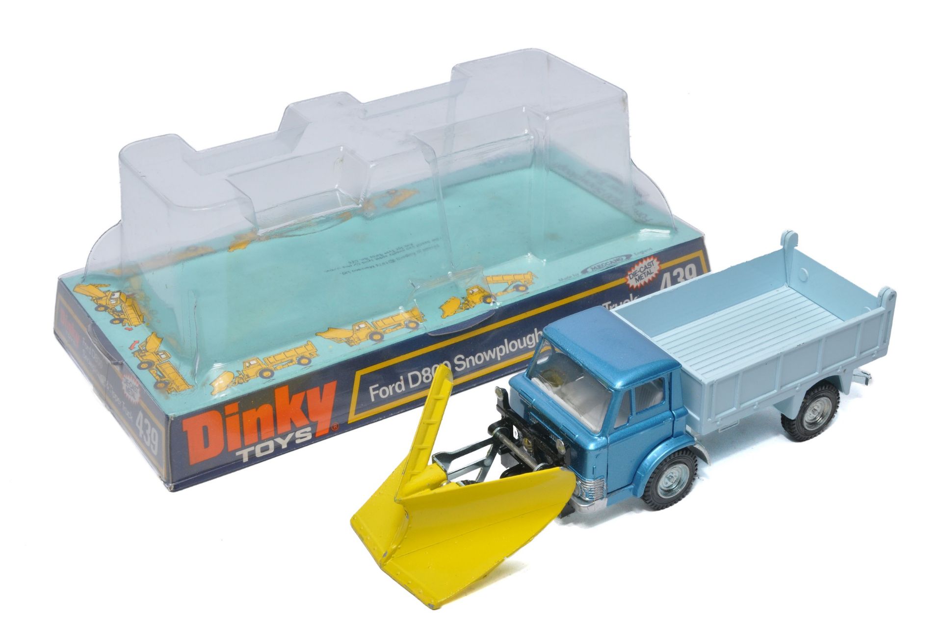 Dinky No. 439 Ford D800 Snowplough and Tipper Truck. Metallic blue cab with pale blue back.