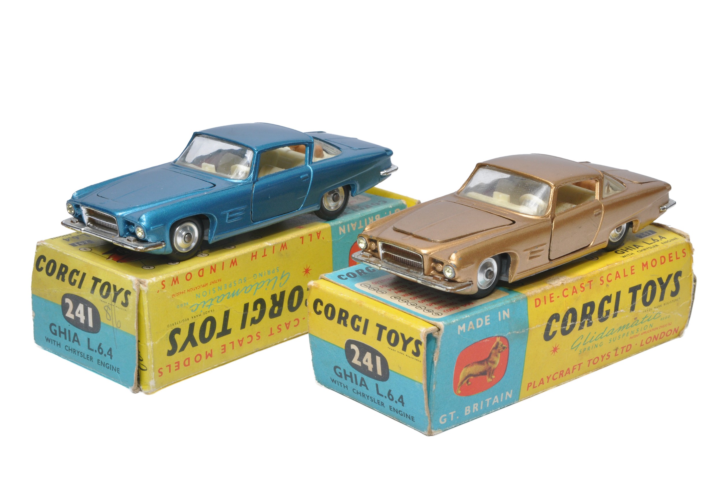 Corgi duo of No. 241 Ghia L.6.4 issues (Colour variations as shown). Both display generally very