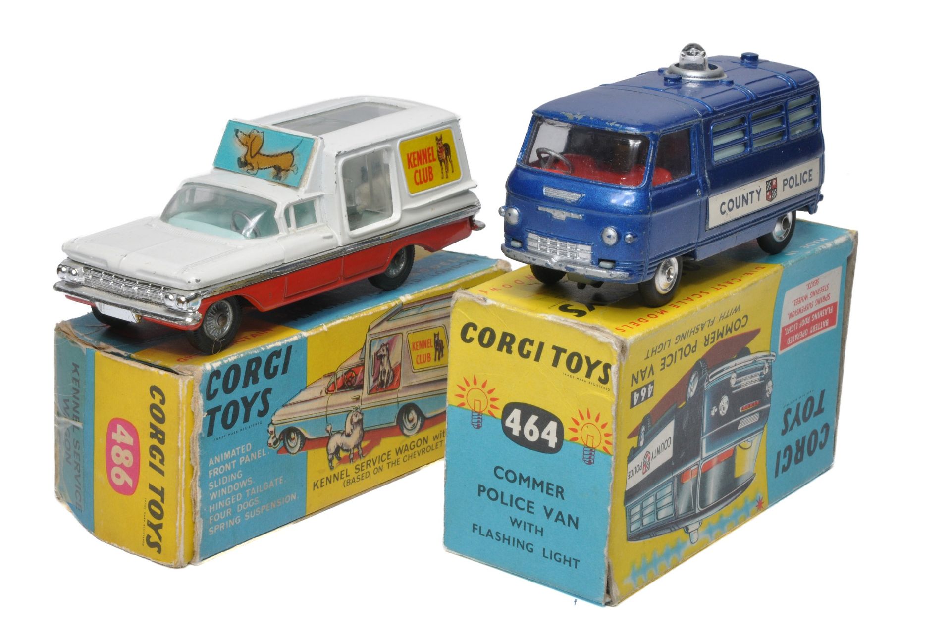 Corgi duo including No. 464 Commer Police Van plus No. 486 Kennel Service Wagon. Models display