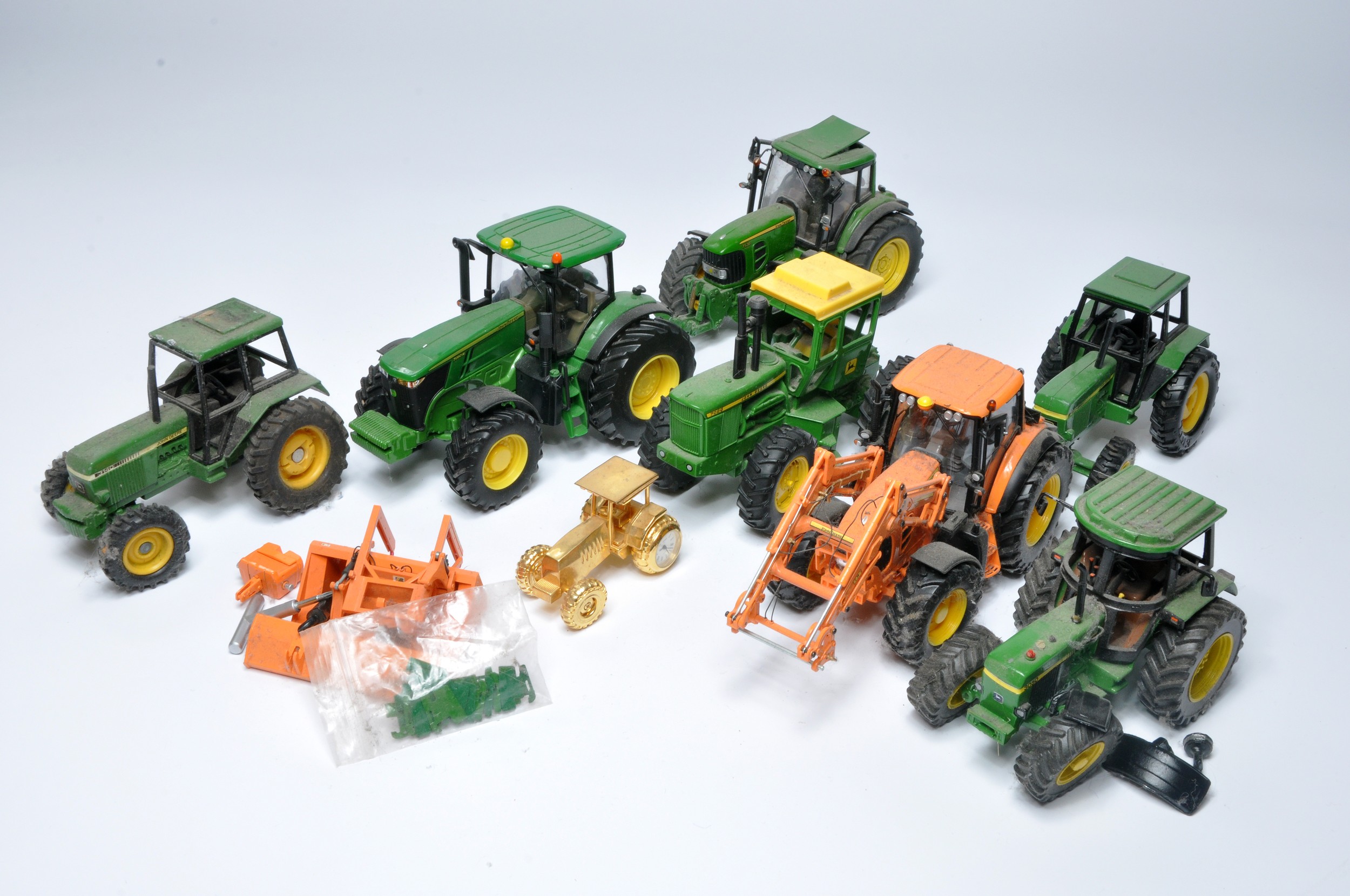 A group of John Deere 1/32 farm models from Britains, Wiking etc plus interesting resin (complete