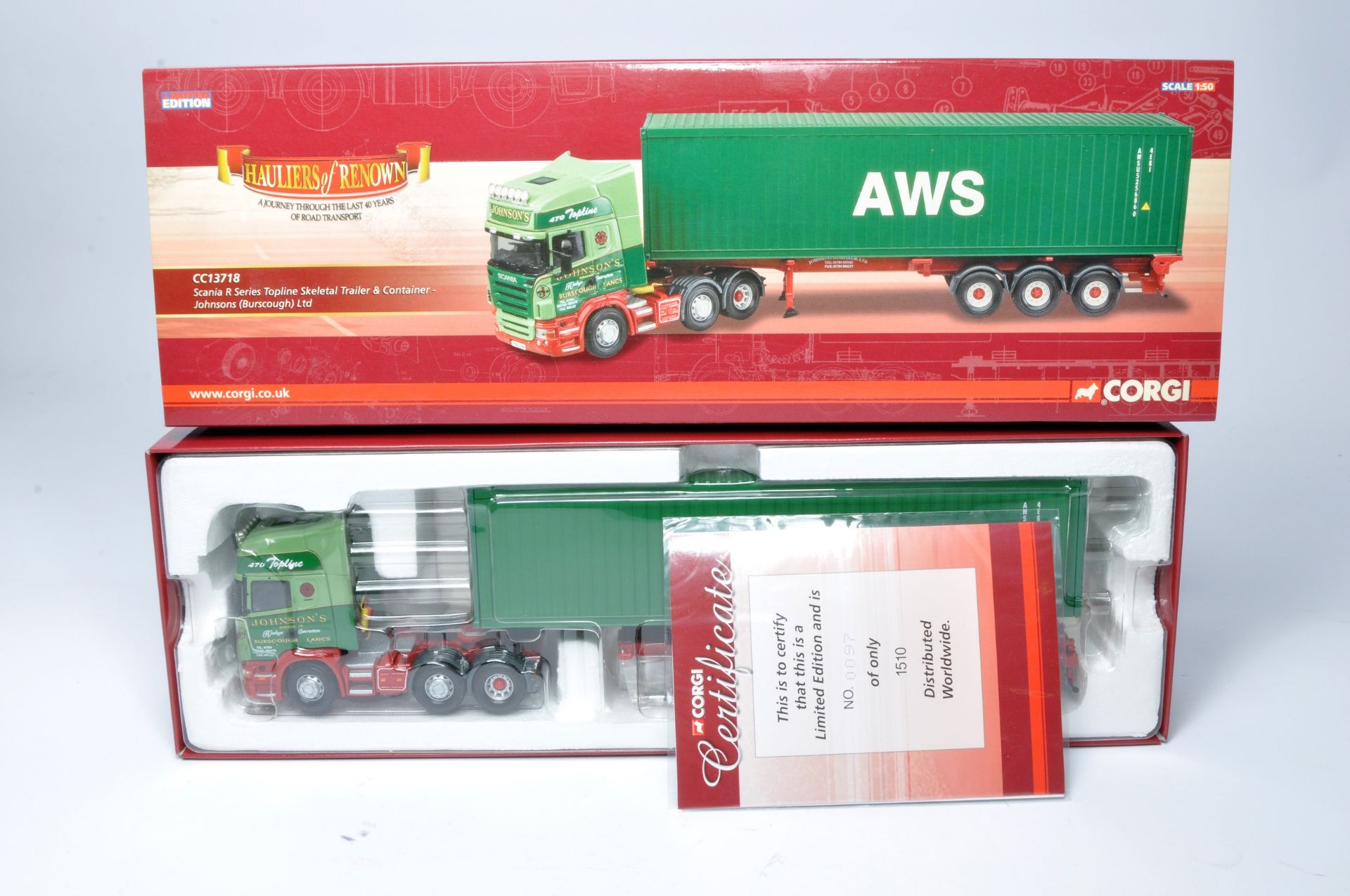 Corgi 1/50 diecast model truck issue comprising No. CC13718 Scania R Series Container Trailer in the