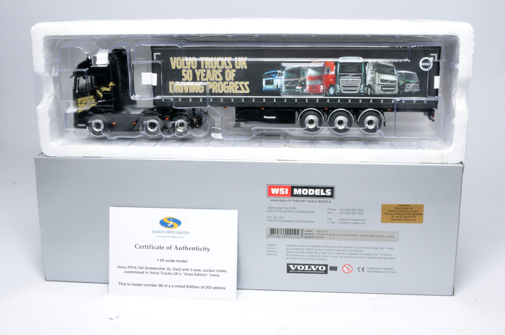 WSI 1/50 diecast model truck issue comprising Volvo FH16 Curtain Trailer in the livery of Volvo '