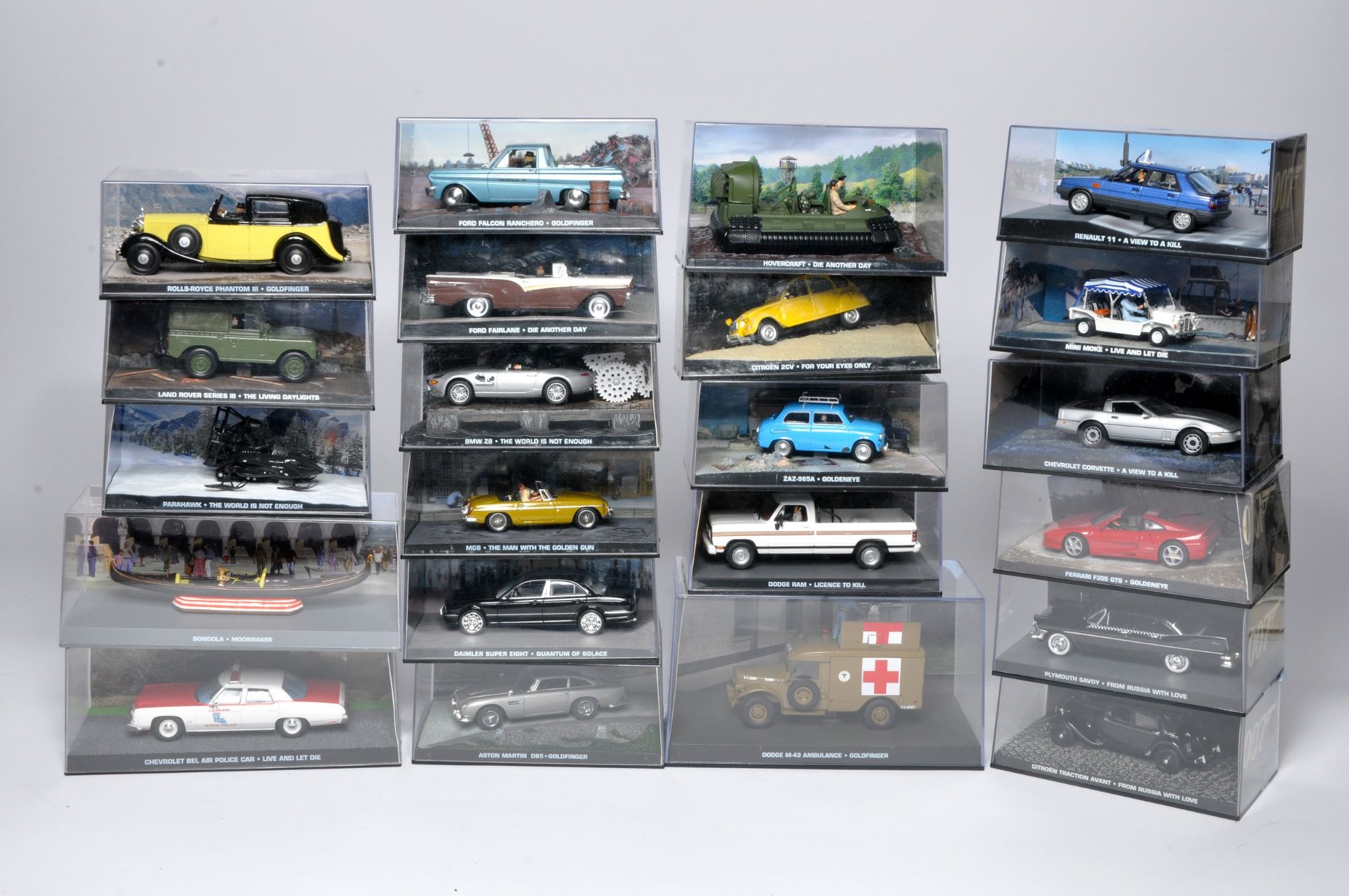 A collection of 22 1/43 diecast model vehicles from the Films of James Bond 007. A series from