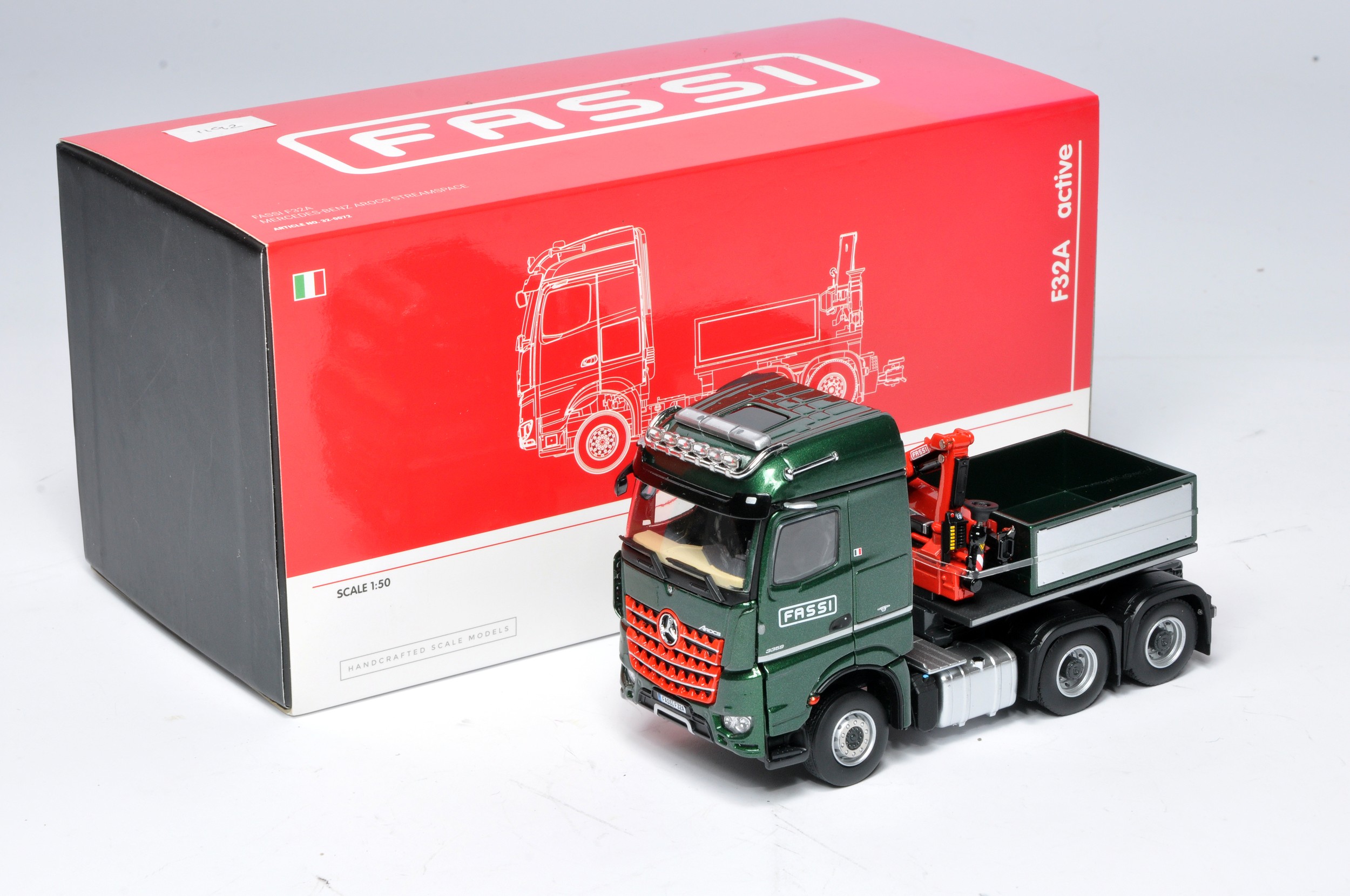 IMC 1/50 diecast model truck issue comprising Mercedes Benz Arocs Streamspace Fassi F32A Crane.