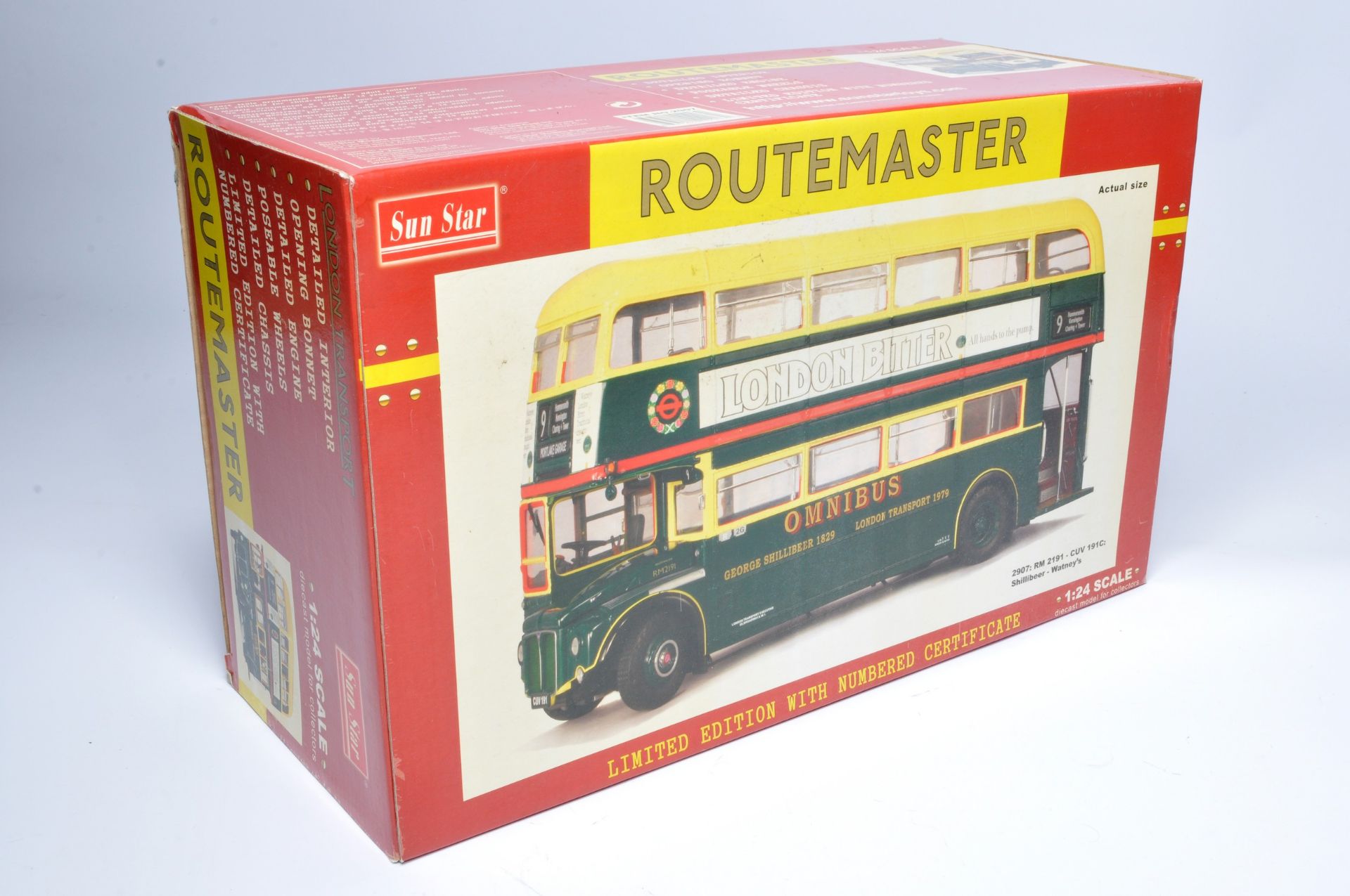 Sunstar 1/24 diecast model bus issue comprising No. 2907 London Transport Routemaster 2191. Looks to