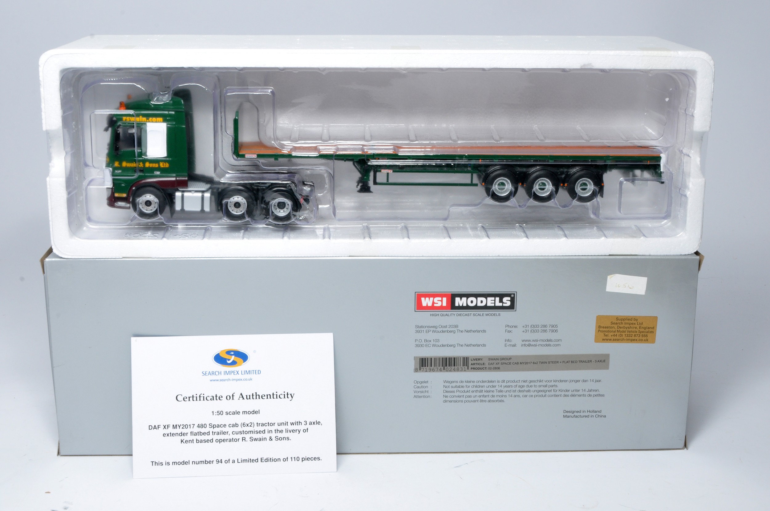 WSI 1/50 diecast model truck issue comprising Limited Edition 94/110 DAF XF MY2017 480 Space cab 6x2