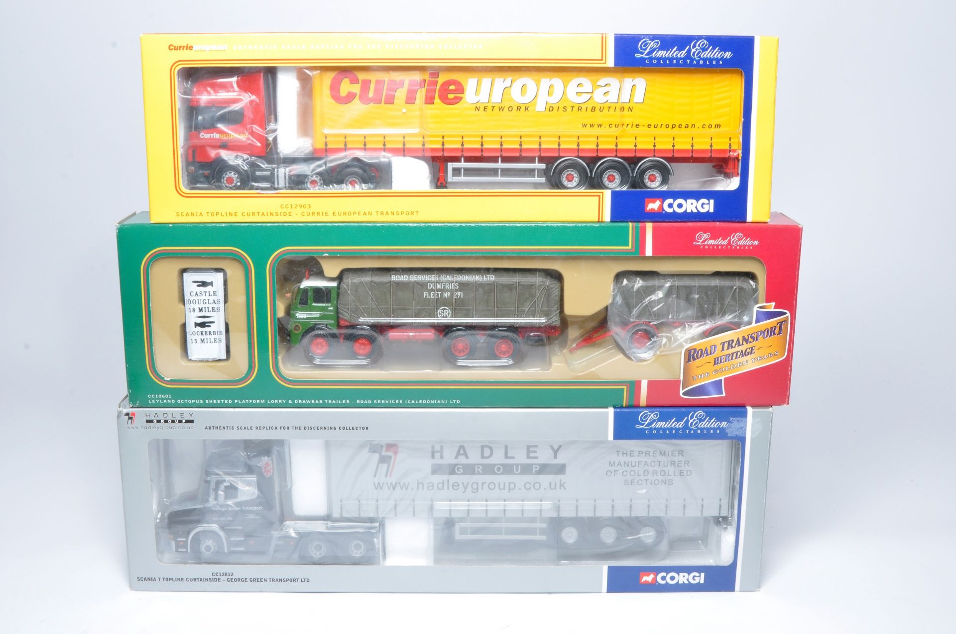 Corgi 1/50 diecast model truck issues x 3 comprising liveries of CRS, Currie and Hadley. As shown