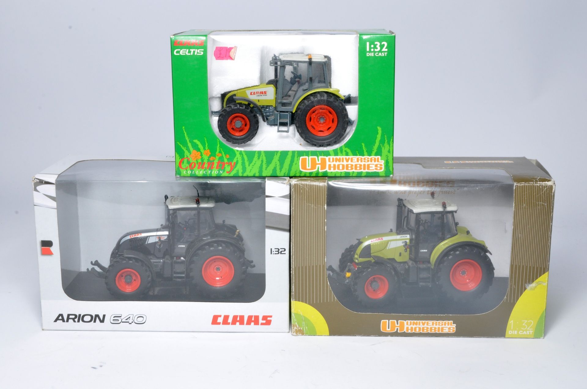 Universal Hobbies 1/32 trio of farm model issues comprising Claas Tractors including Rickerby Show