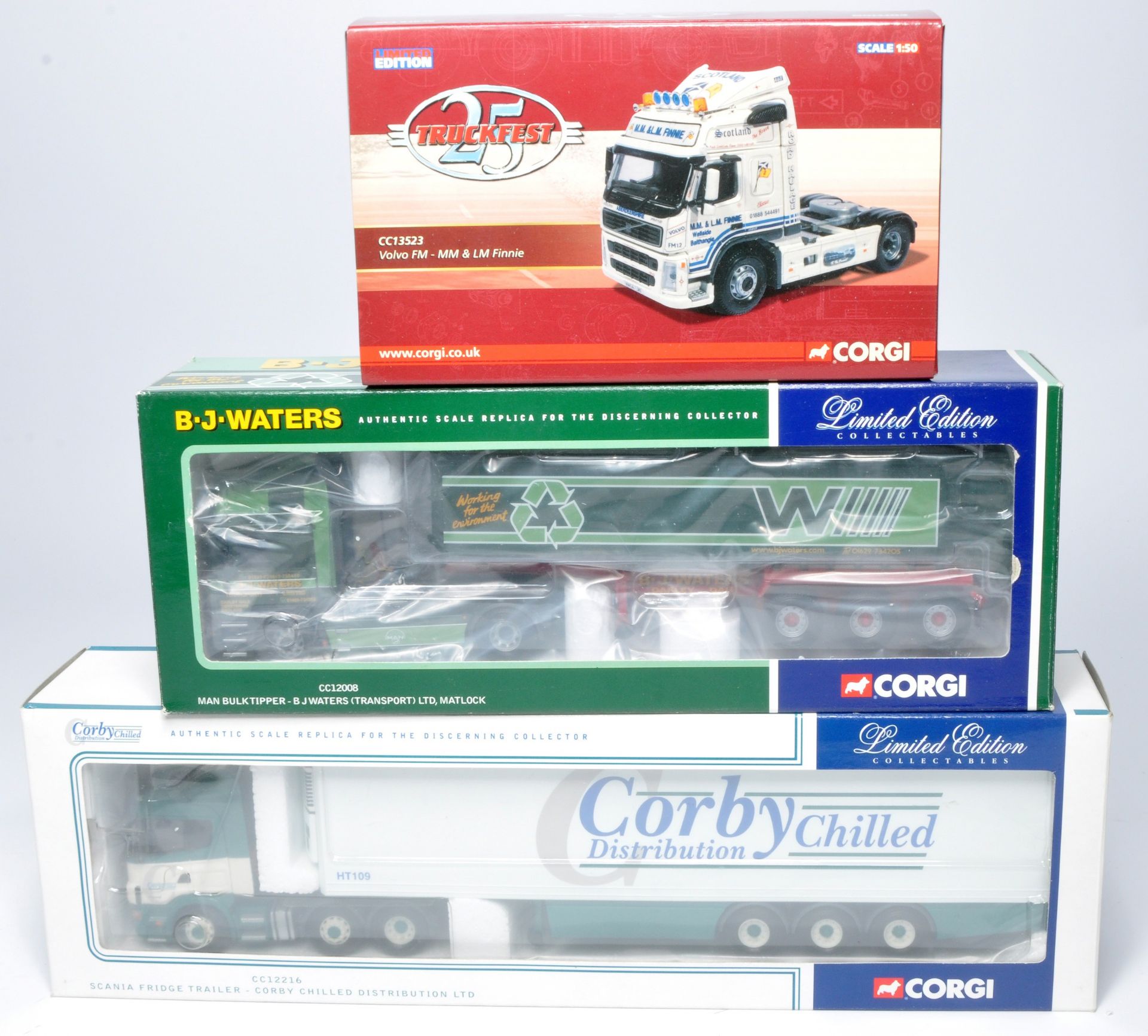 Corgi 1/50 diecast model truck issues comprising Finnie, Waters and Corby Distribution liveries.