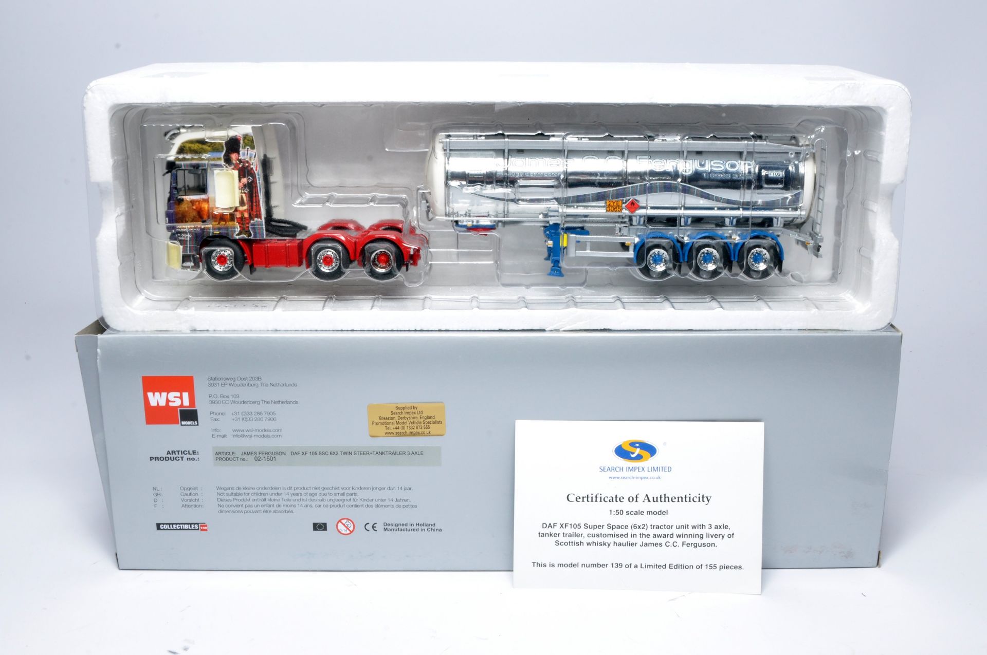 WSI 1/50 diecast model truck issue comprising DAF XF105 Tanker Trailer in the livery of James