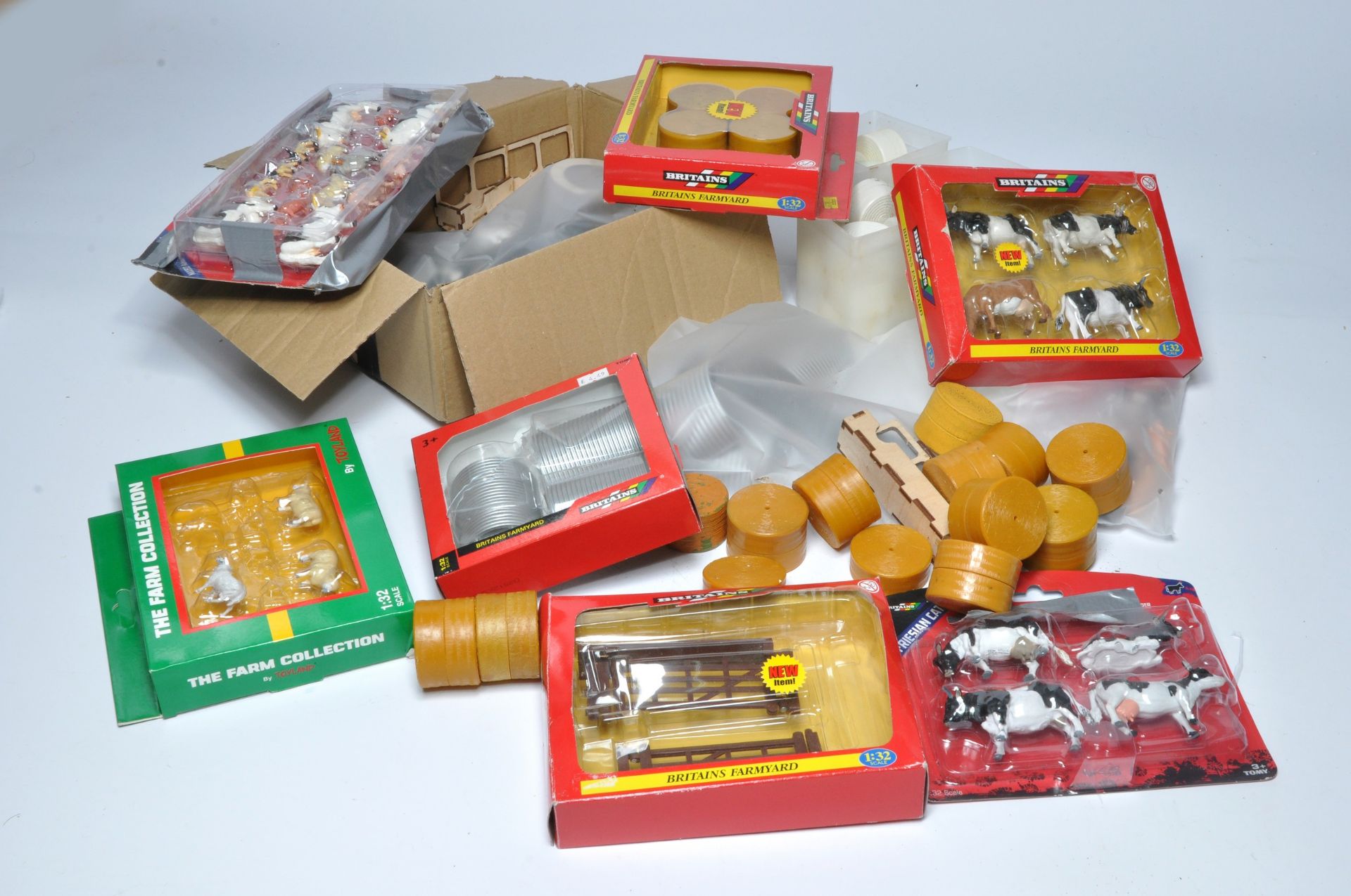 Assorted Farm Model Accessories including Buildings, Bales, Animal figures etc. Some boxed, boxes