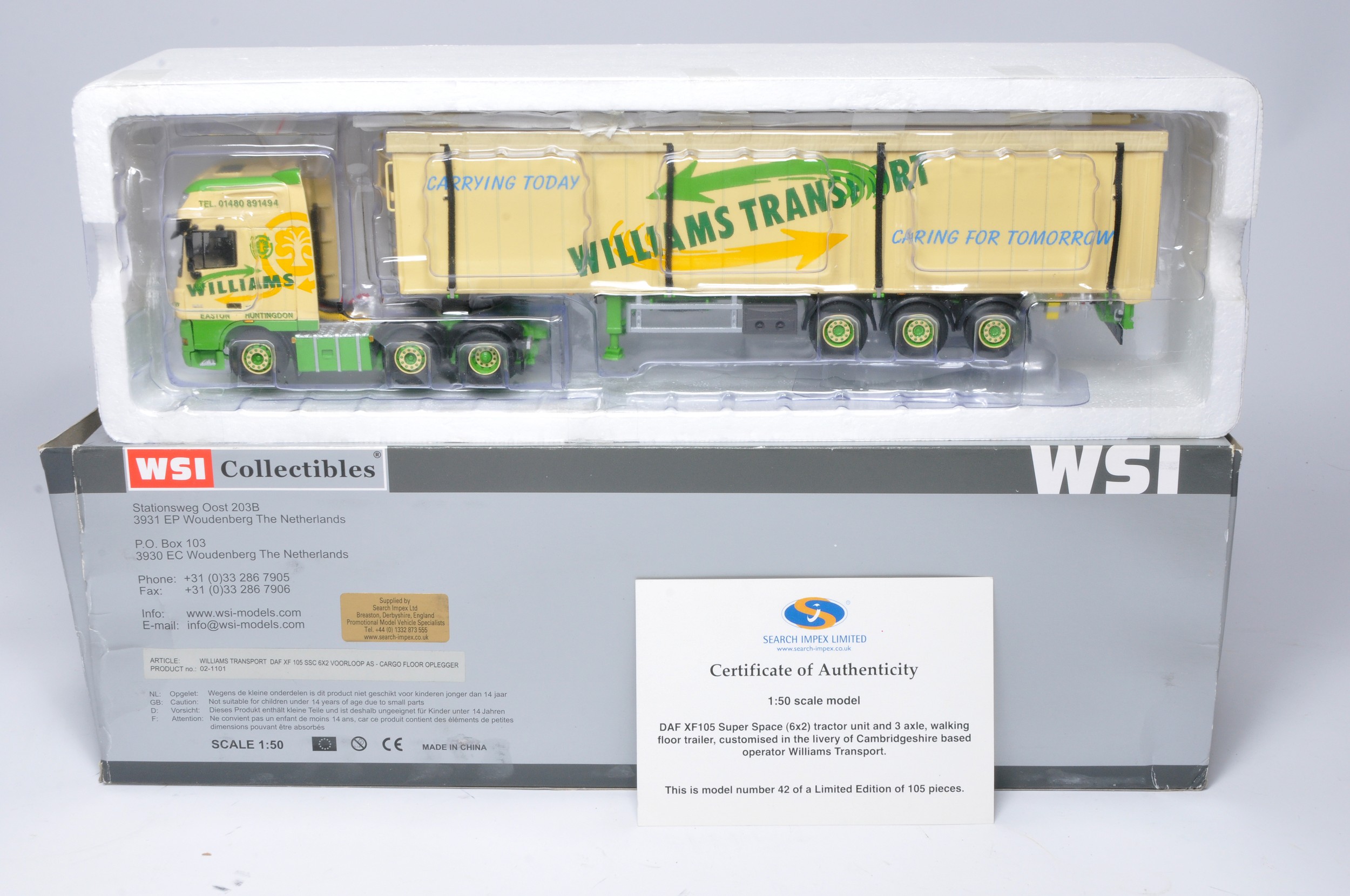 WSI 1/50 diecast model truck issue comprising Limited Edition 42/105 DAF XF105 Super Space 6x2