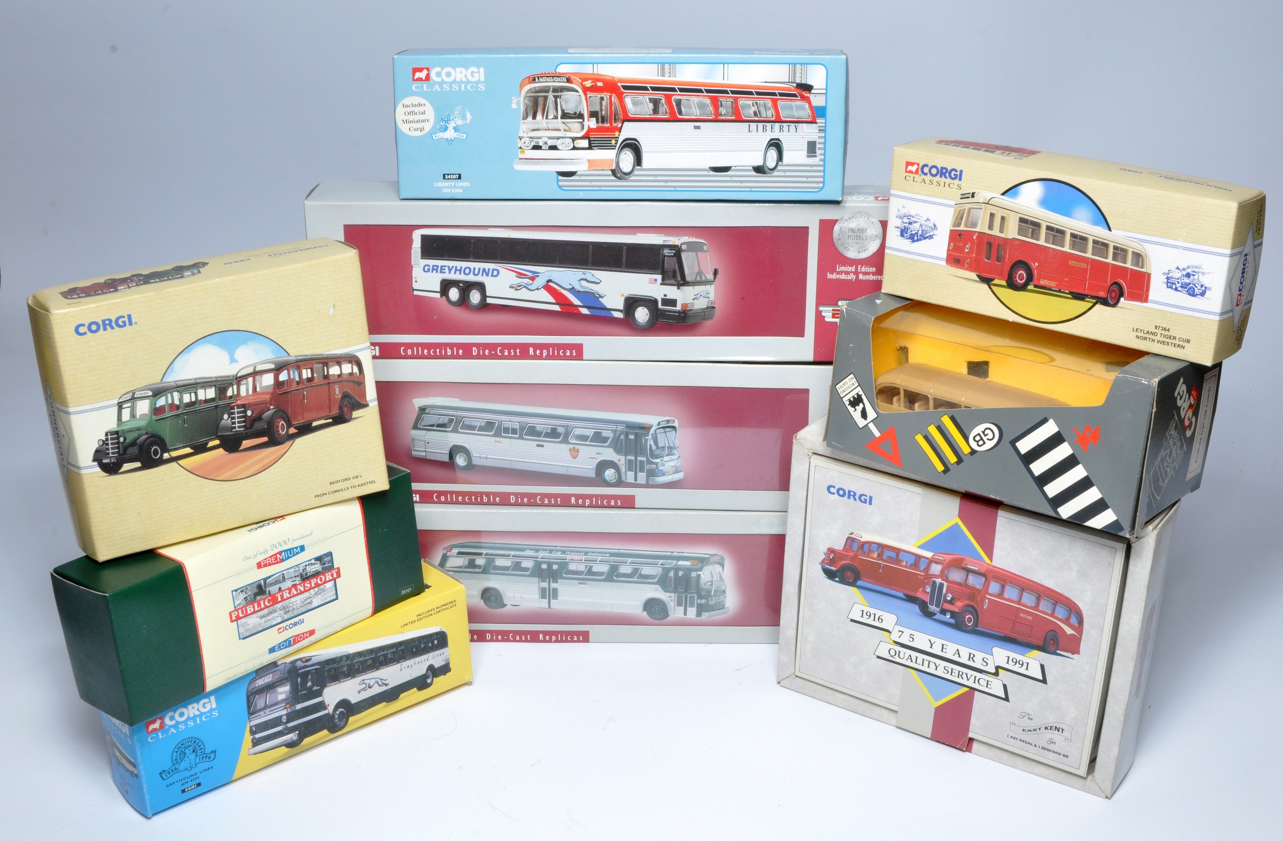 Corgi diecast model bus issues comprising ten 1/50 releases, mostly international themes as shown.