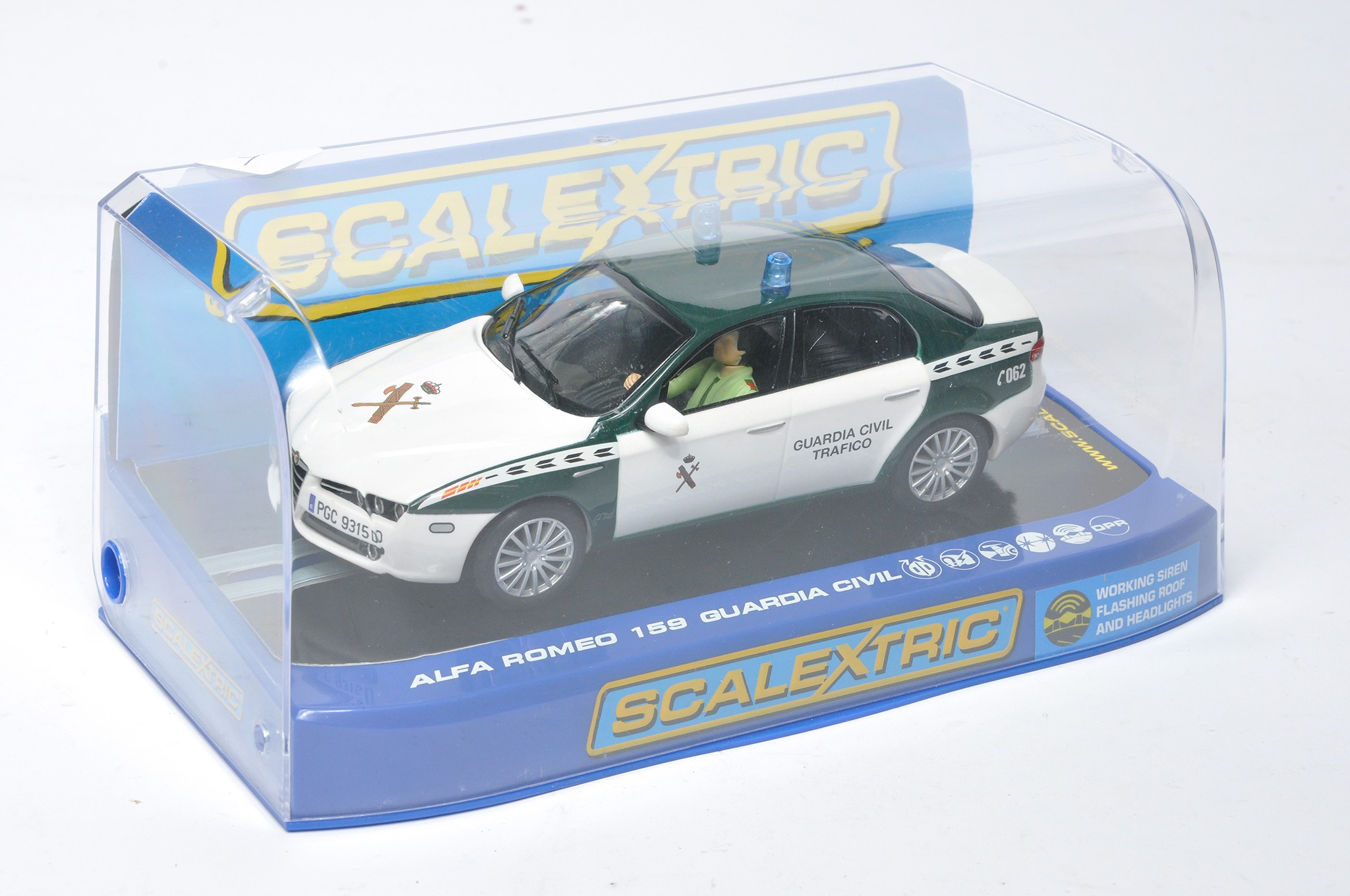 Scalextric slot car issue Alfa Romeo 159 Guardia Civil Trafico - working siren, flashing roof and