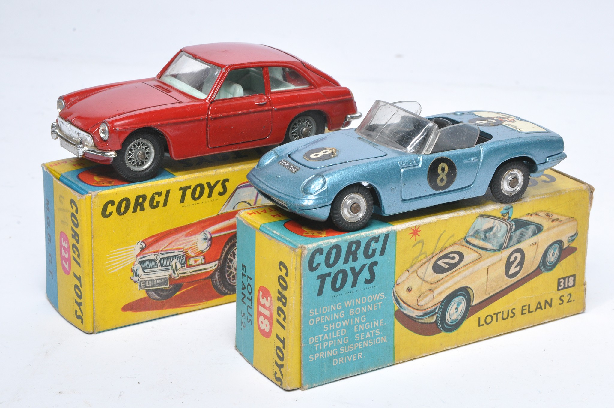 Corgi vintage diecast duo comprising No. 327 MGB GT, generally good but with some notable signs of