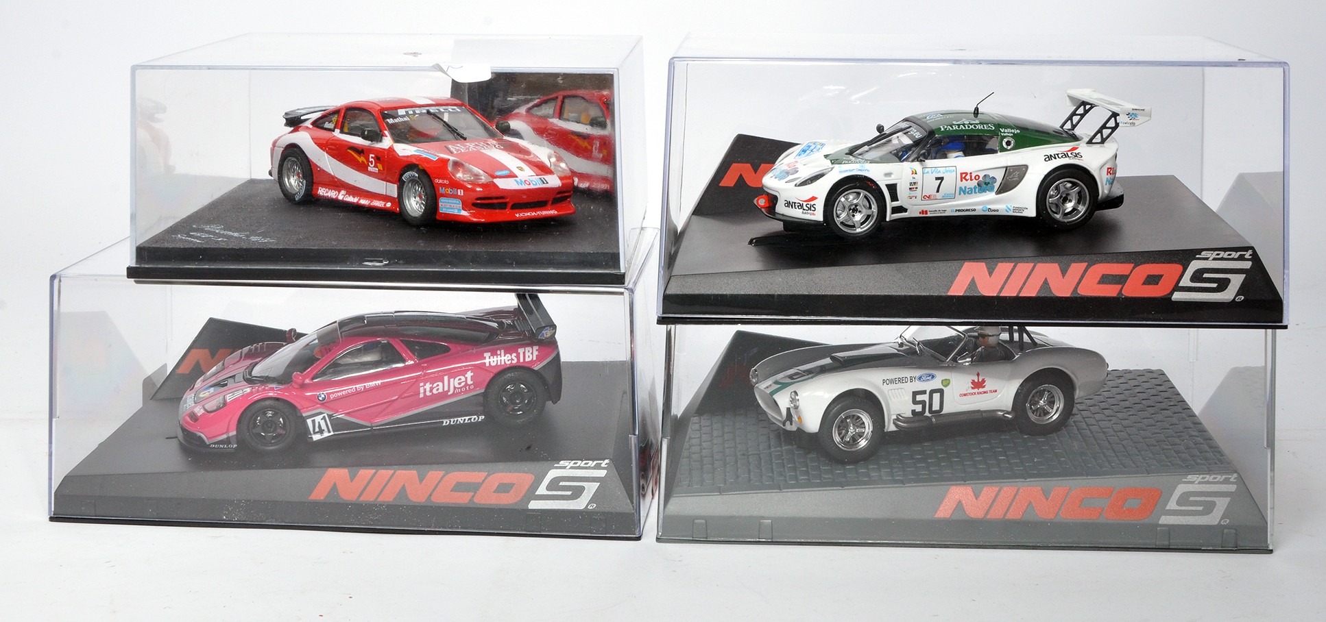 Ninco Slot car issues comprising McLaren F1 GTR Italjet, Lotus Exige GT3, AC-Cobra BP plus ProSlot