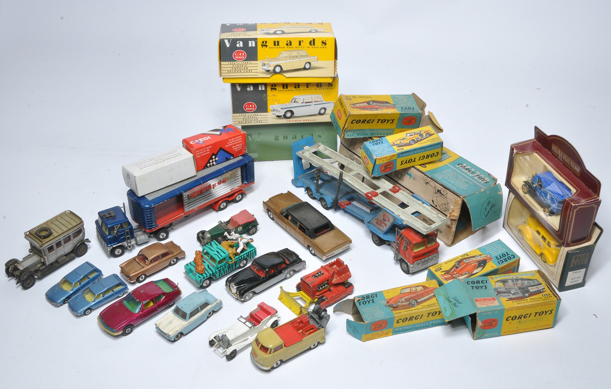 An assortment of various playworn vintage diecast including Corgi, Matchbox etc plus some empty