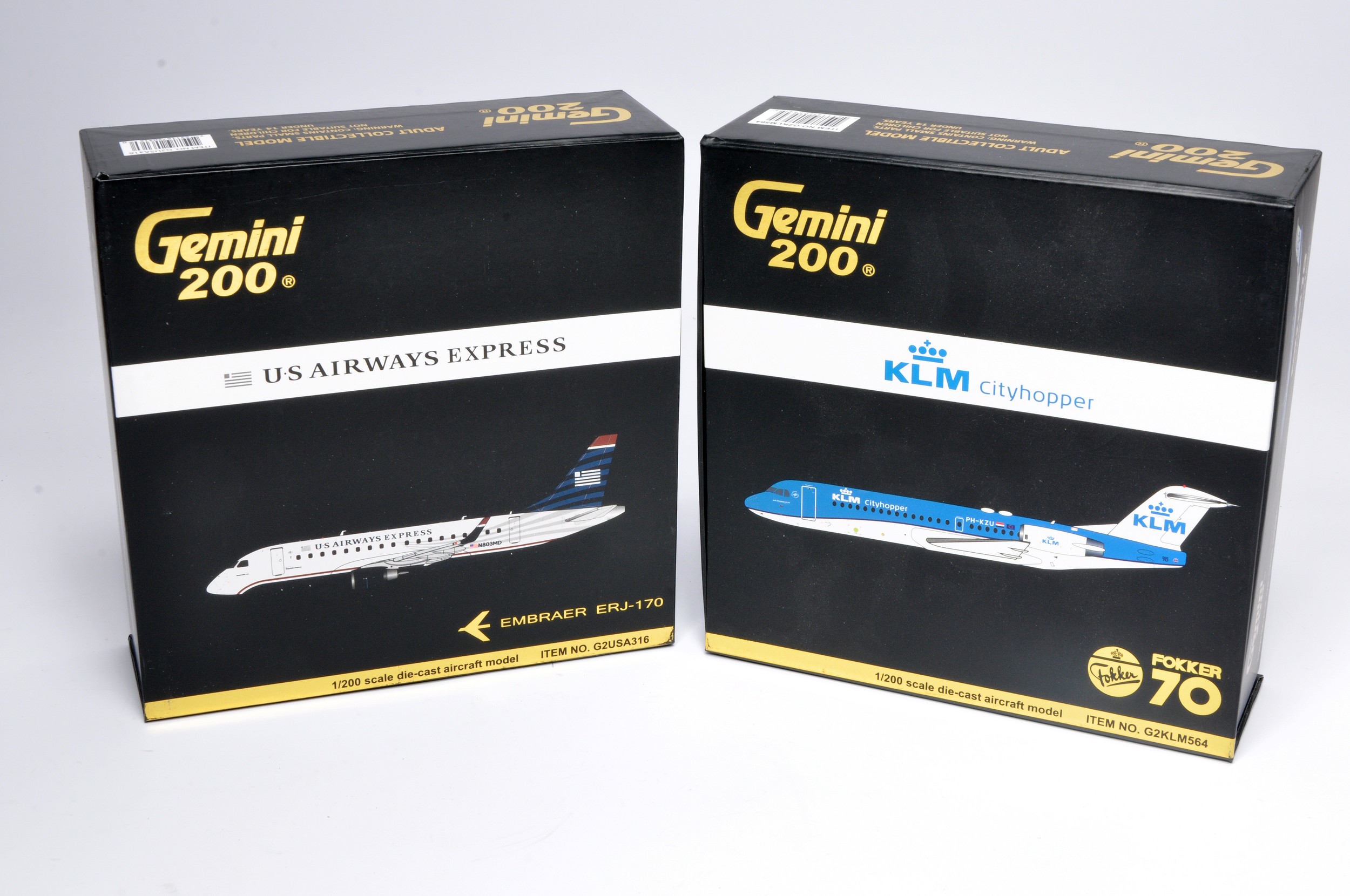 Gemini 1/200 Diecast Model Aircraft Issues comprising No. G2KLM564 Fokker 70 KLM plus No. G2USA316