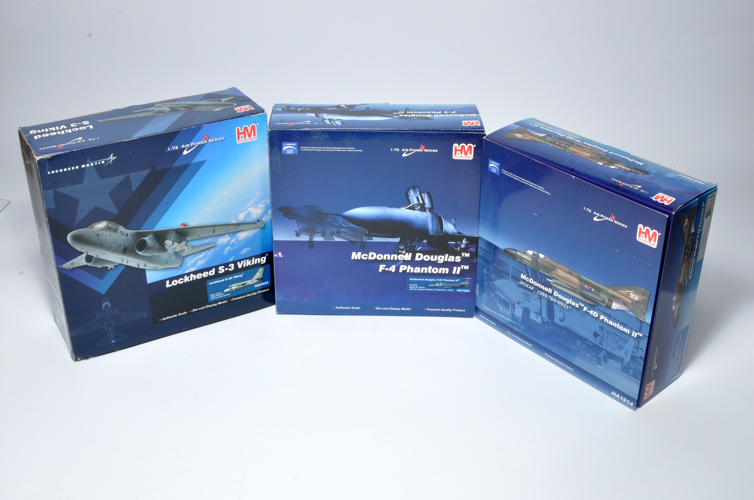 A group of three Hobby Master 1/72 diecast military aircraft as shown. F-4E Phantom, S-3 Viking etc.