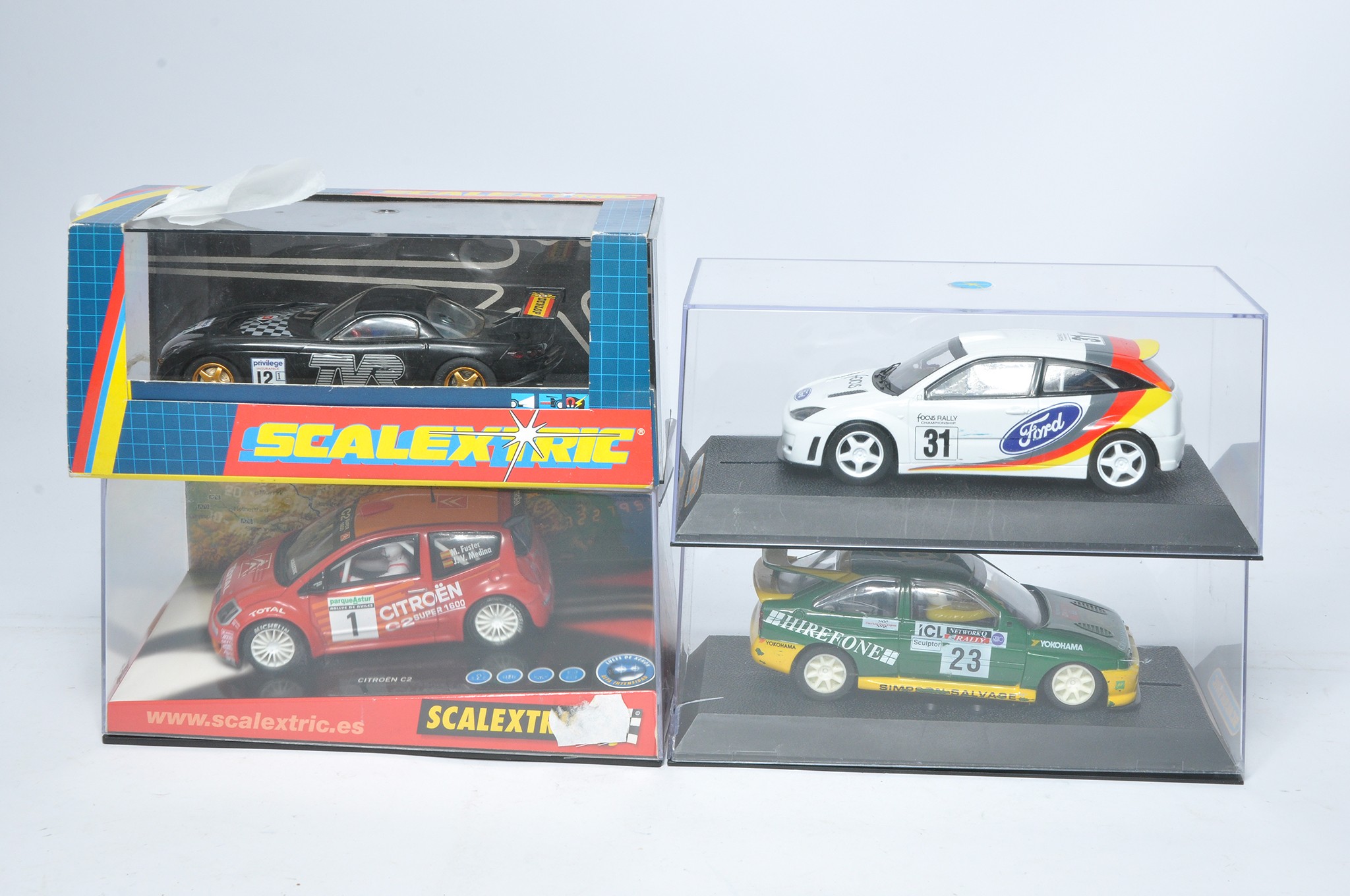 Scalextric slot car issues comprising Citroen C2 JWRC, Ford Escort BP, Ford Focus WRC no.31 plus TVR