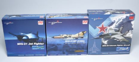 Hobby Master 1/72 diecast model aircraft trio comprising No. HA6501 Mig-29 Fulcram, No. HA0143 Mig-
