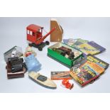 A misc assortment of vintage children's toys and books as shown in addition to other vintage items