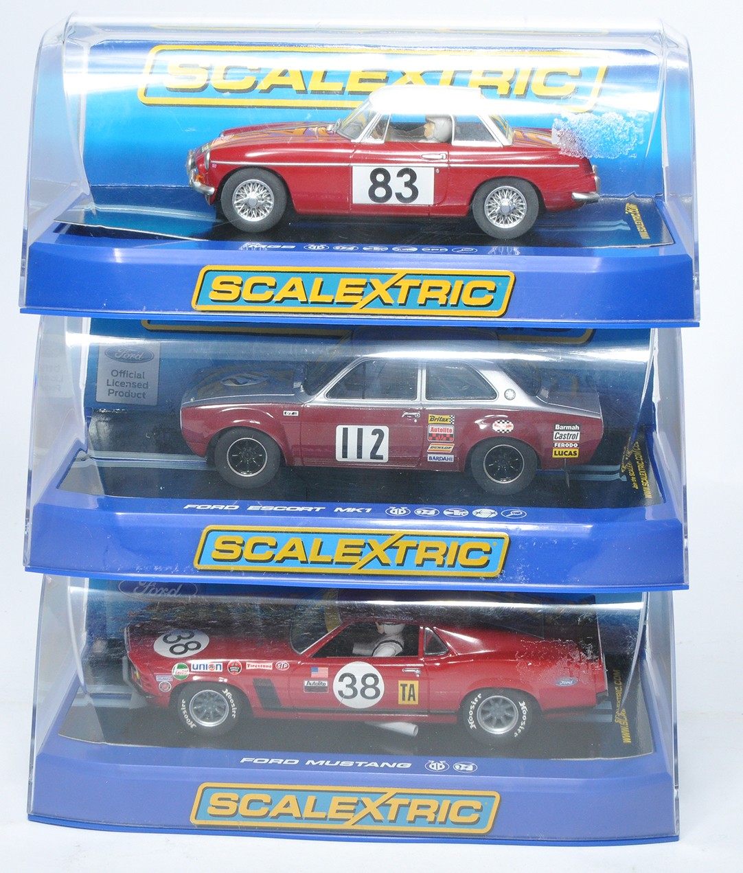 Scalextric slot car issues comprising Ford Mustang, Ford Escort Mk1, MGB 1964 Monte Carlo Rally GT