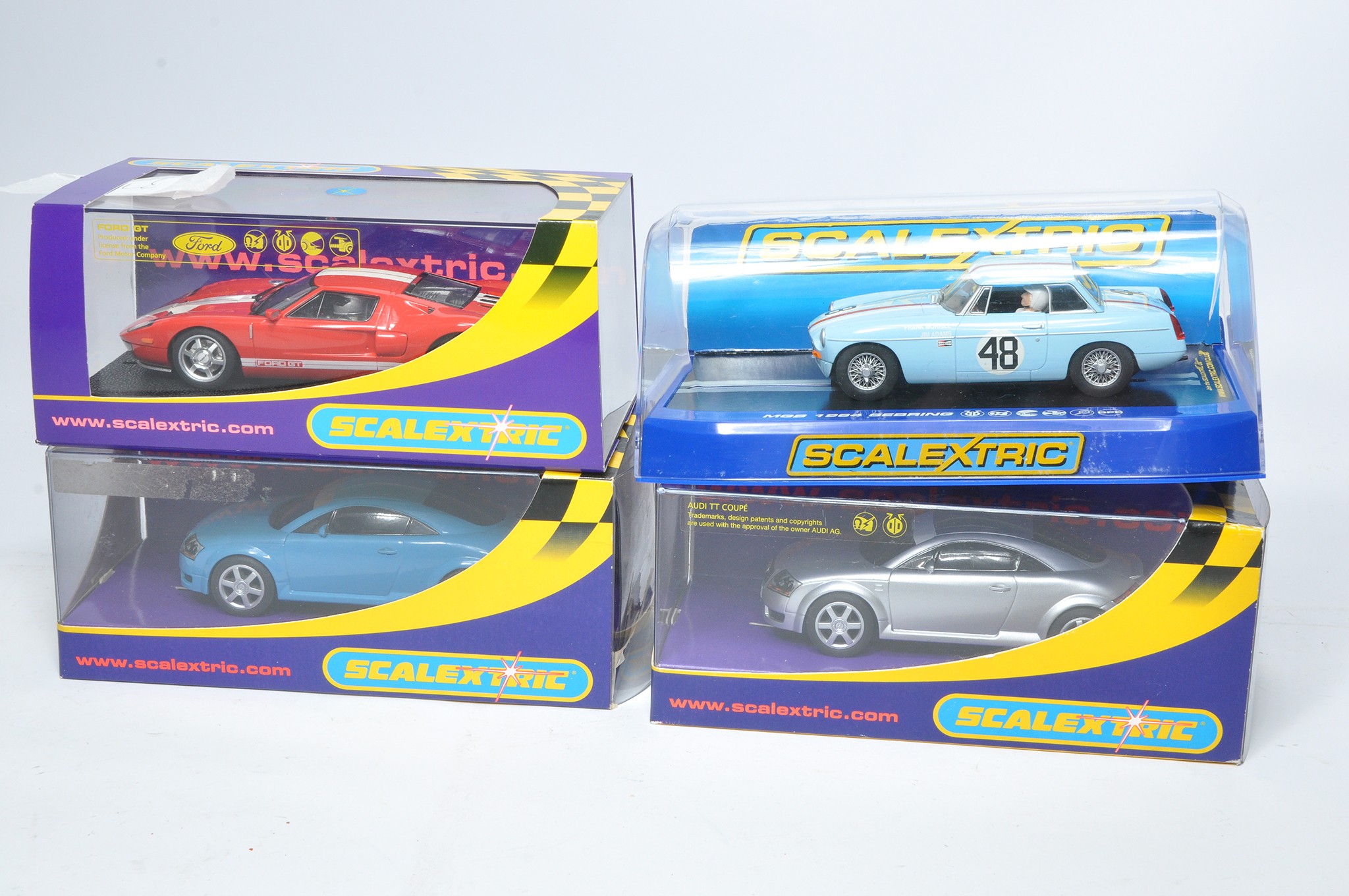 Scalextric slot car issues comprising MGB 1984 Sebring, Audi TT Silver, Audi TT Blue plus Ford GT