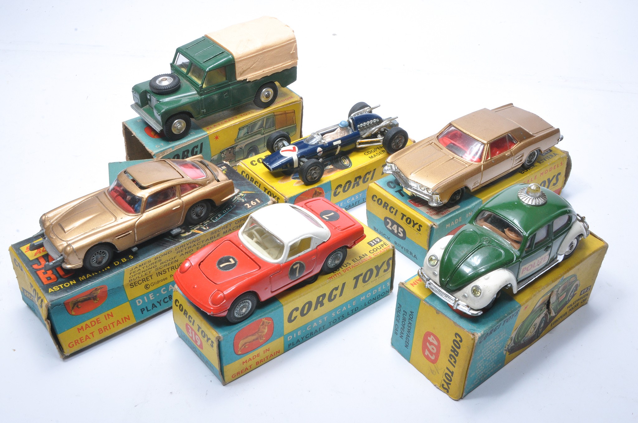 A group of six vintage 'playworn' diecast issues from Corgi with original boxes as shown. Note boxes