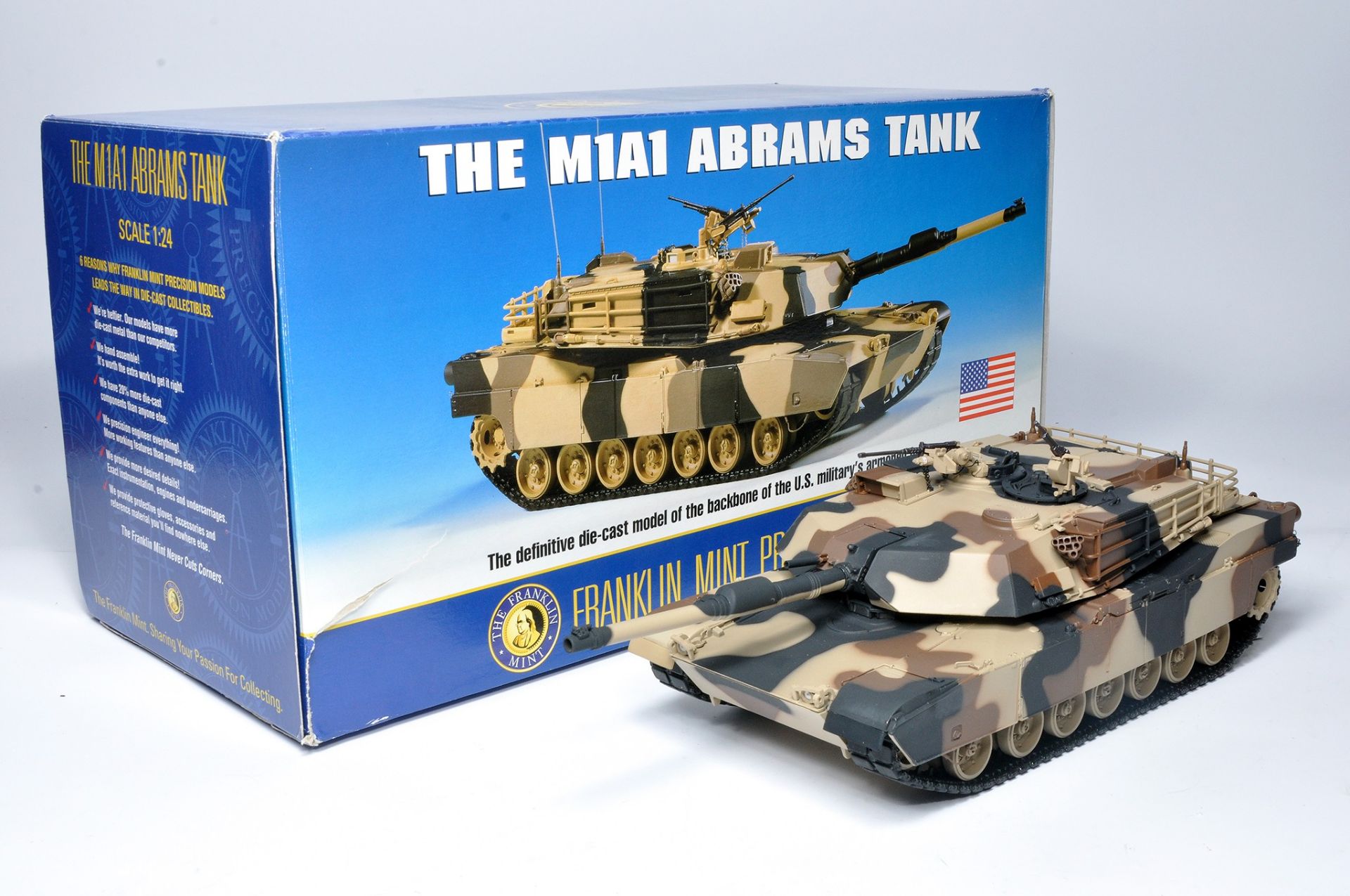 Franklin Mint 1/24 diecast model issue comprising M1A1 Abrams Tank. Looks to be without obvious sign