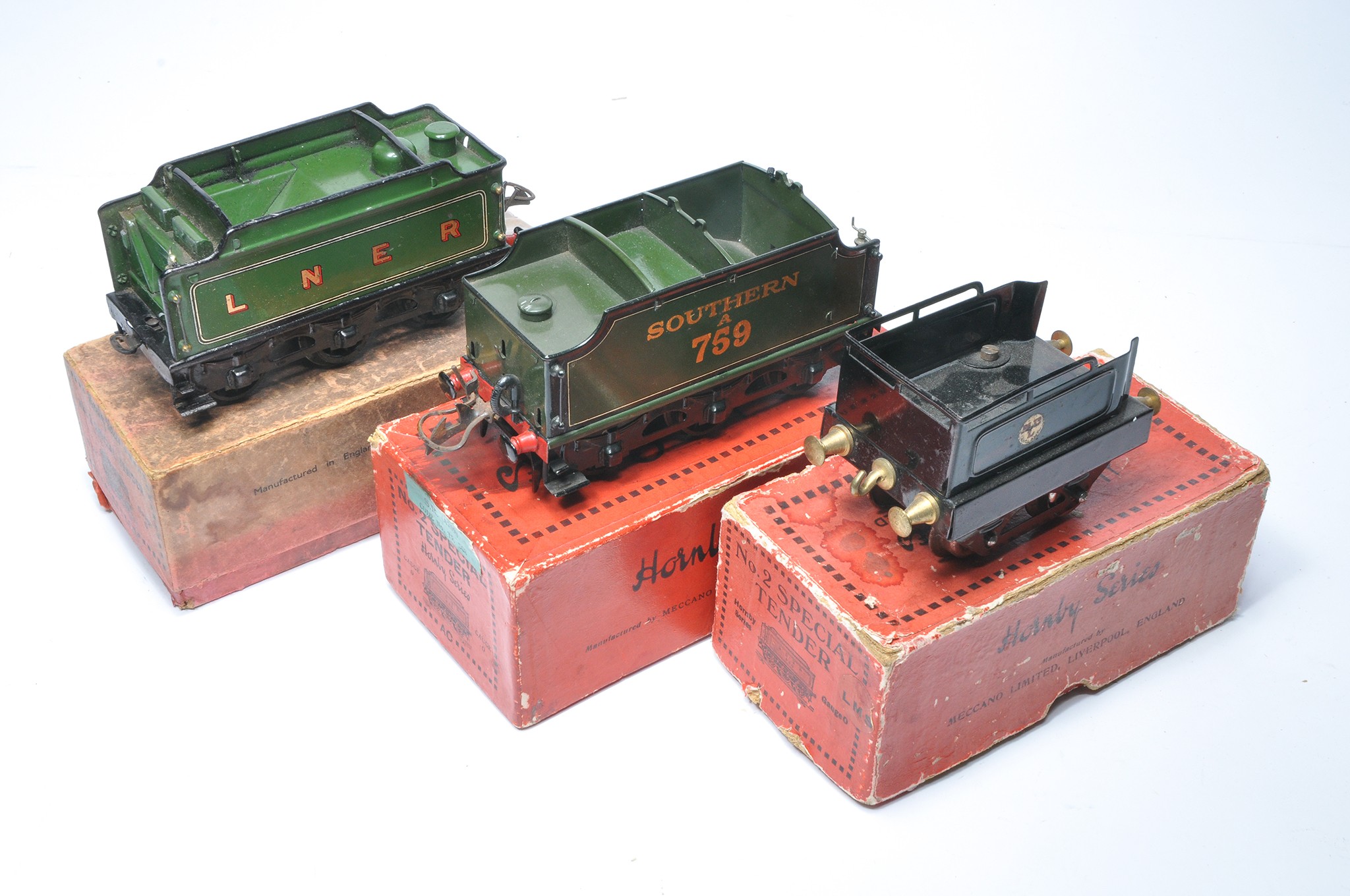 Hornby O Gauge Model Railway comprising trio of Tender issues as shown. With boxes.