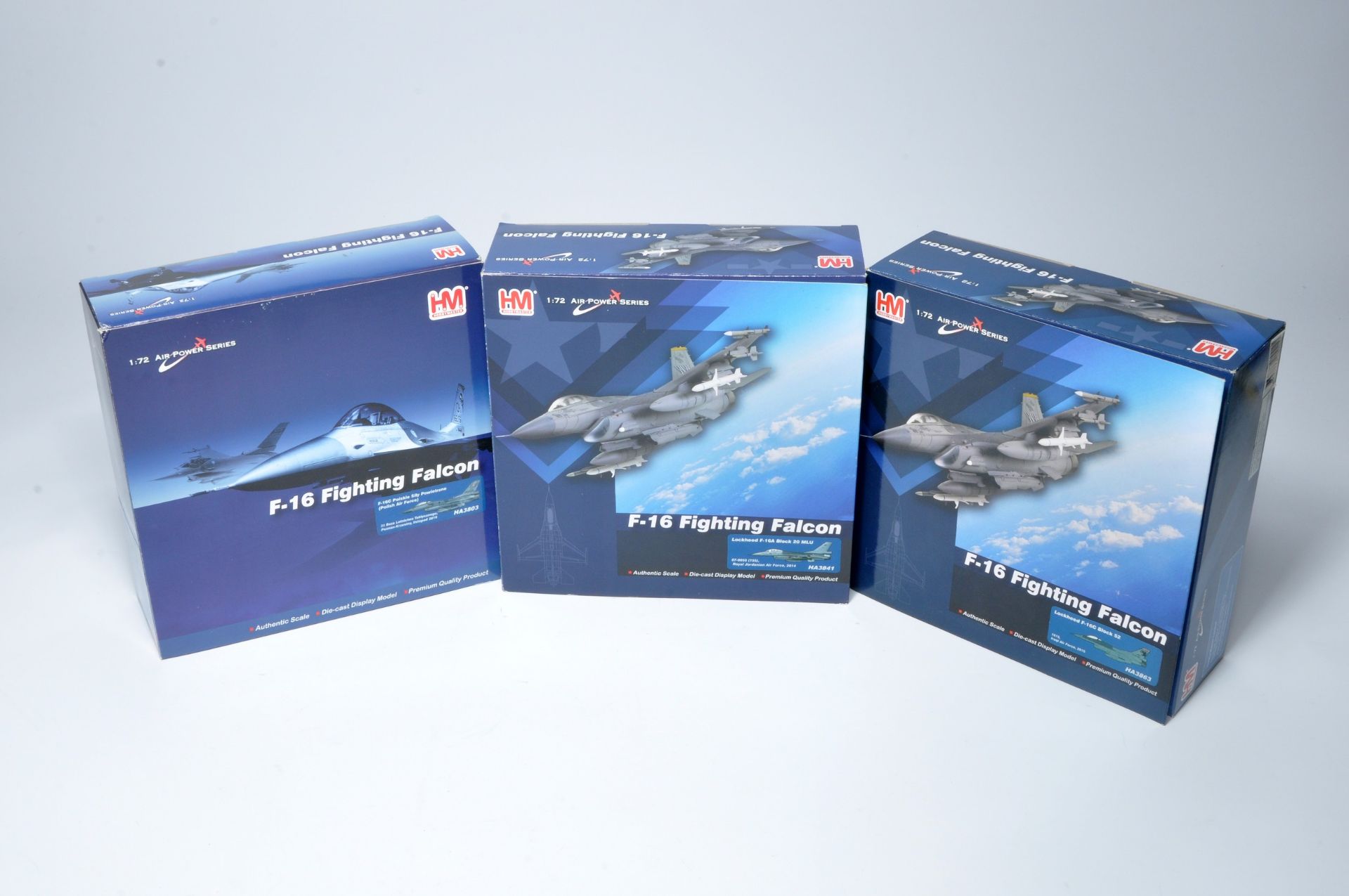 A group of three Hobby Master 1/72 diecast military aircraft as shown. All variations of F-16 etc.