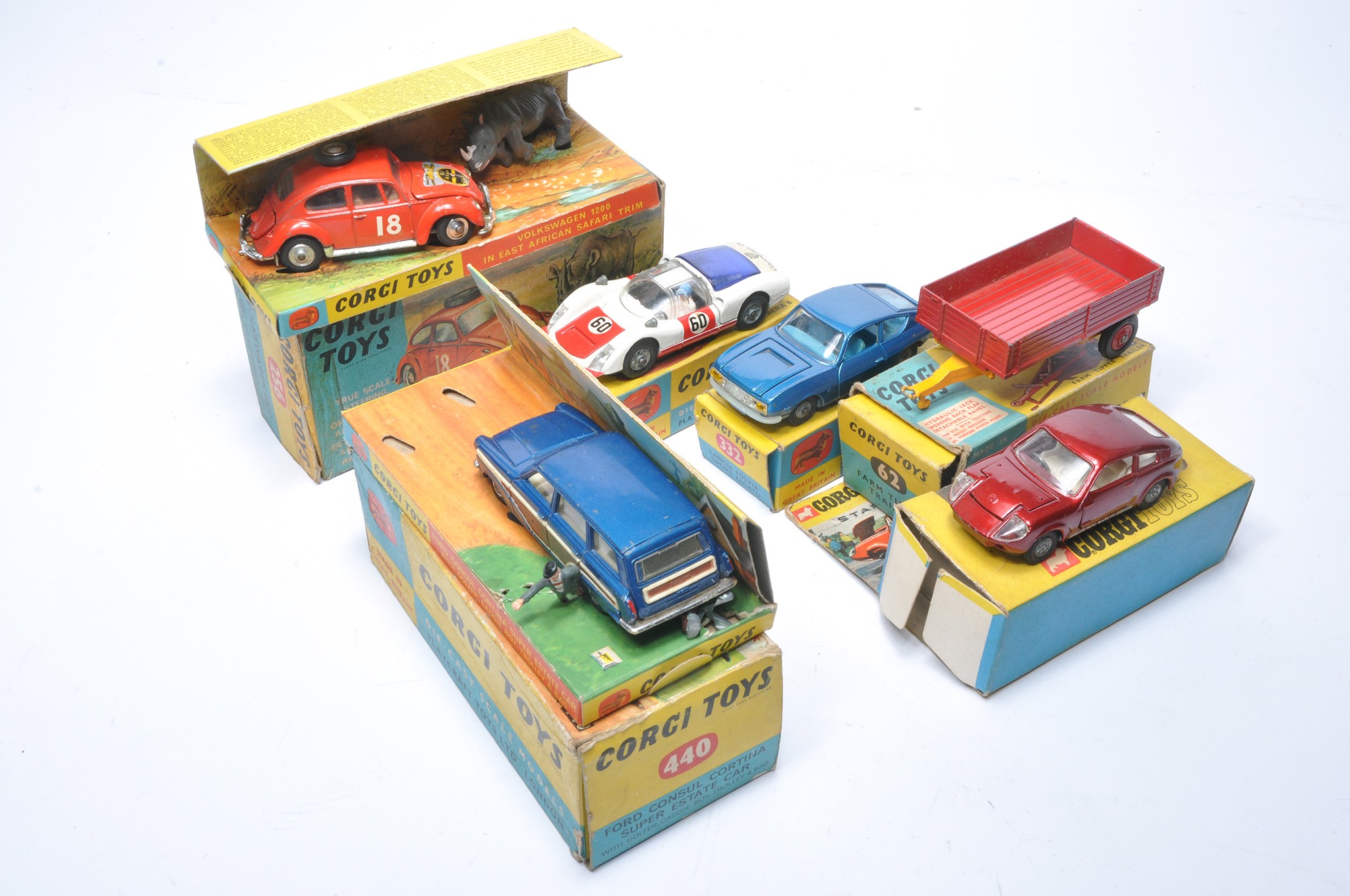 A group of six vintage 'playworn' diecast issues from Corgi with original boxes as shown. Note boxes