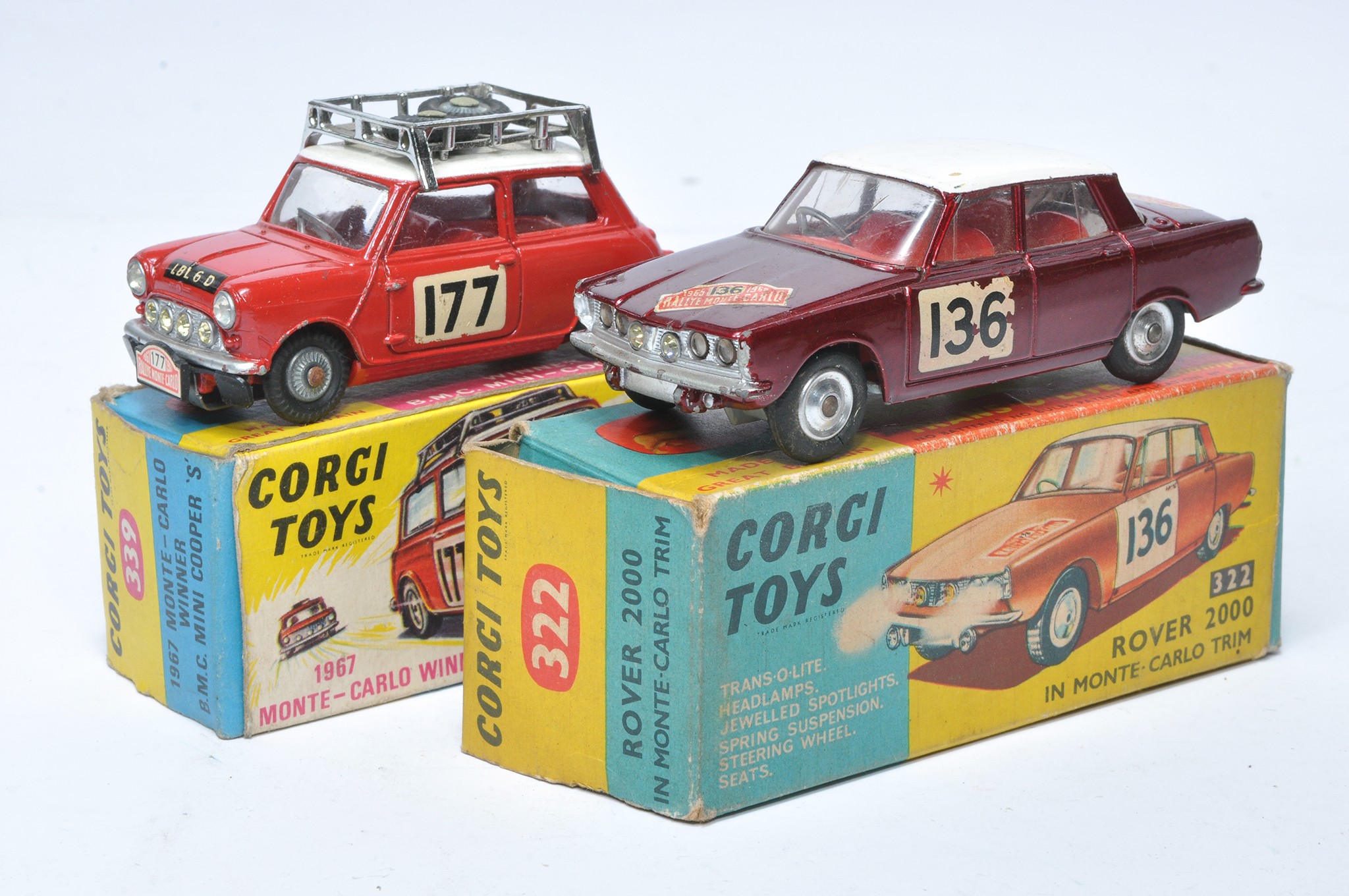 Corgi vintage diecast duo comprising No. 339 1967 Monte Carlo Winner, BMC Mini Cooper S, generally