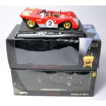 Duo of Ferrari 1/18 diecast model racing car issues. One has loose component part, still display