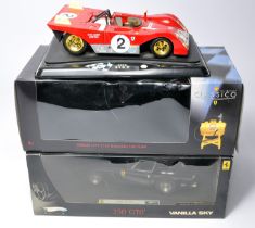 Duo of Ferrari 1/18 diecast model racing car issues. One has loose component part, still display