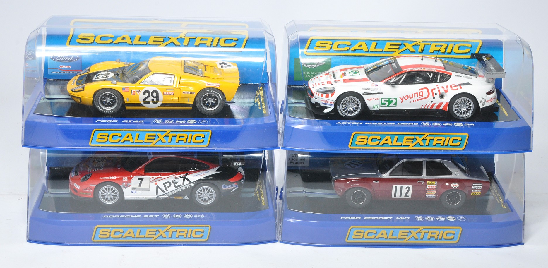 Scalextric slot car issues comprising Porsche 987. Ford GT40, Ford Escort MK1 plus Aston Martin