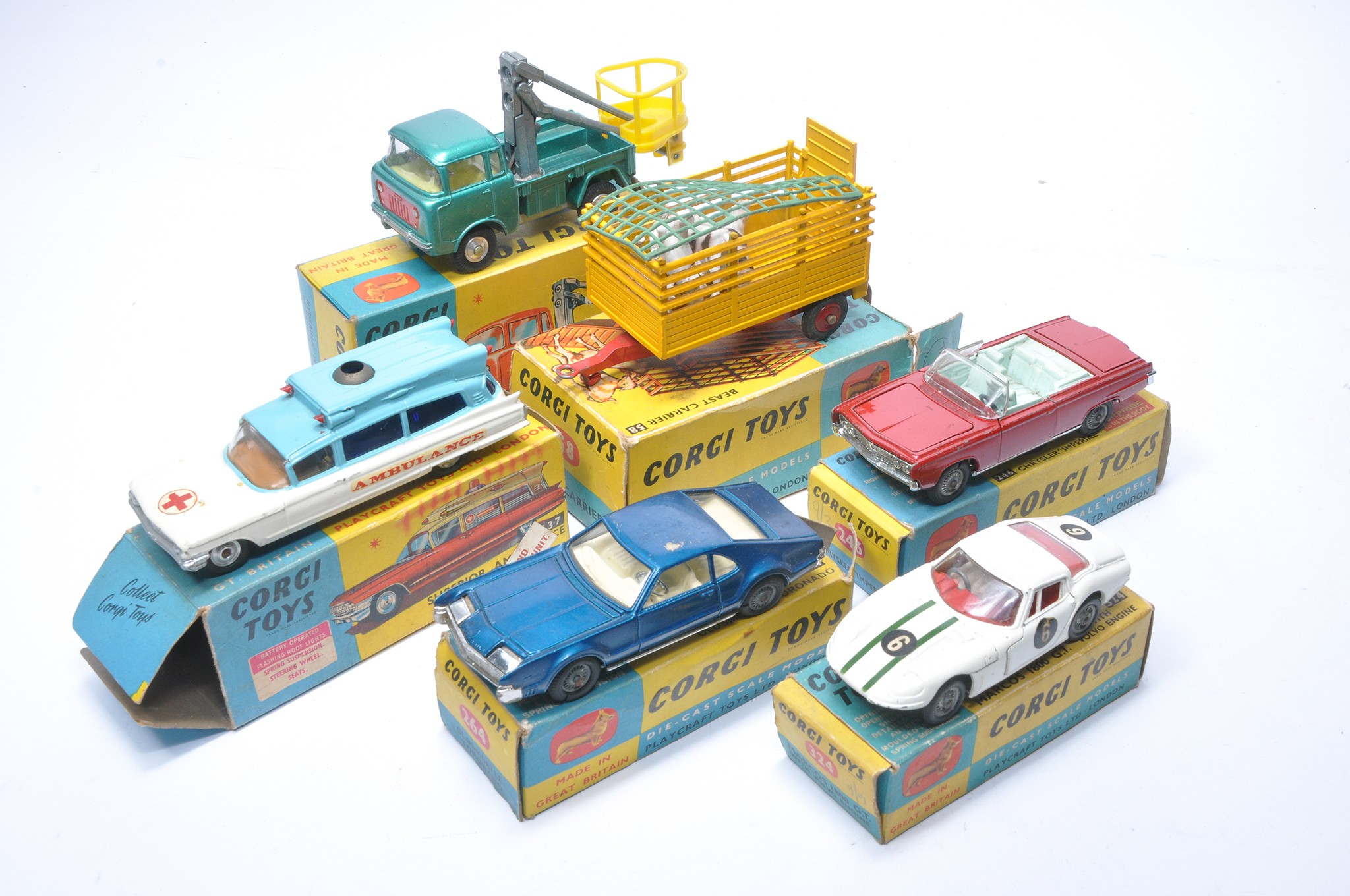 A group of six vintage 'playworn' diecast issues from Corgi with original boxes as shown. Note boxes