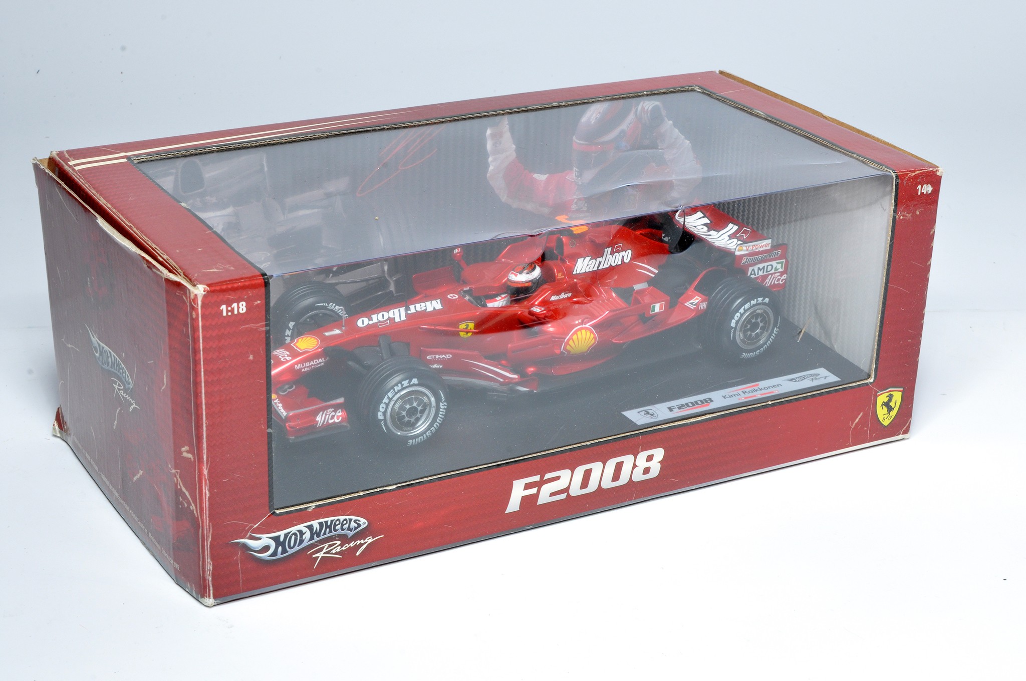 Hot Wheels 1/18 diecast model issue comprising Ferrari 2008 Formula One Racing Car - K Raikkonen.