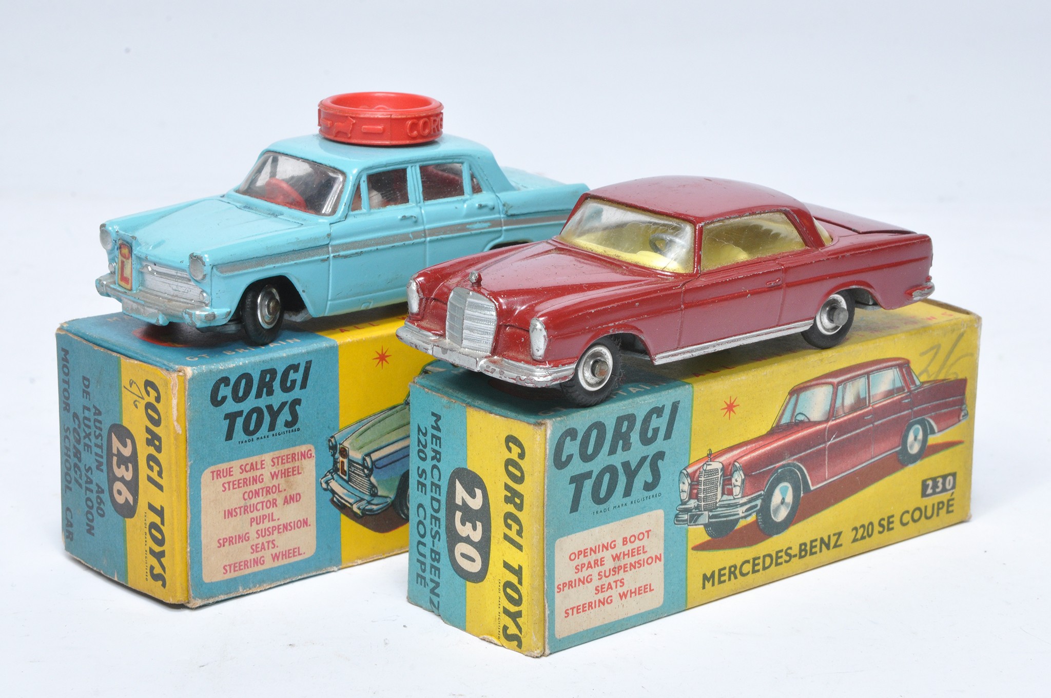 Corgi vintage diecast duo comprising No. 236 Austin A60 Driving School, good with mostly minor