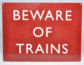 Railwayana - Enamel Sign 'Beware of Trains' - White lettering on maroon background, excellent