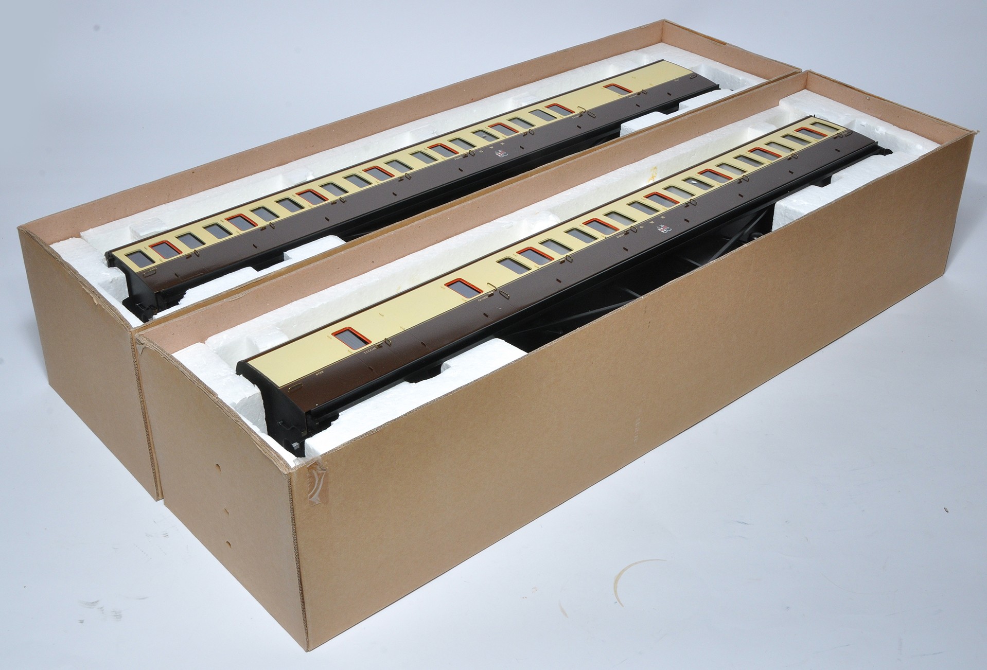 Two GWR G Scale Model Railway Coaches as shown in boxes.