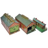 Hornby O Gauge Model Railway issues comprising trio of tinplate litho print buildings including