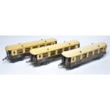 Hornby O Gauge Model Railway comprising trio of Pullman Coaches as shown. Generally display good
