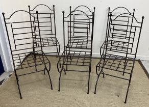 A set of six Moroccan wrought iron ladder back lattice seat garden chairs,