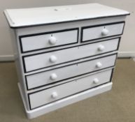 A Victorian painted pine chest of two short over three long graduated drawers with turned knob