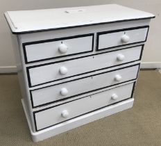 A Victorian painted pine chest of two short over three long graduated drawers with turned knob